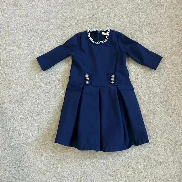 Goldy Belle Other - Goldy Belle Navy Blue Crochet Trim Long Sleeve Pleated Dress Girls Size XS